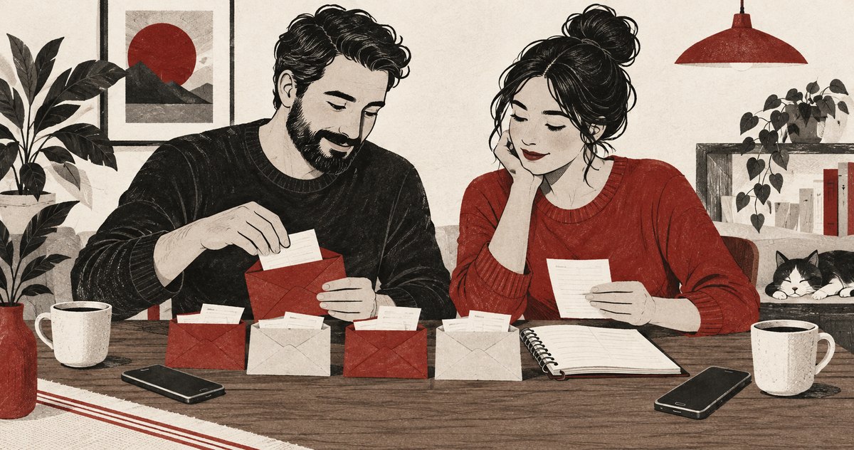 Illustration of a couple organizing household expenses with budgeting envelopes and a notebook.